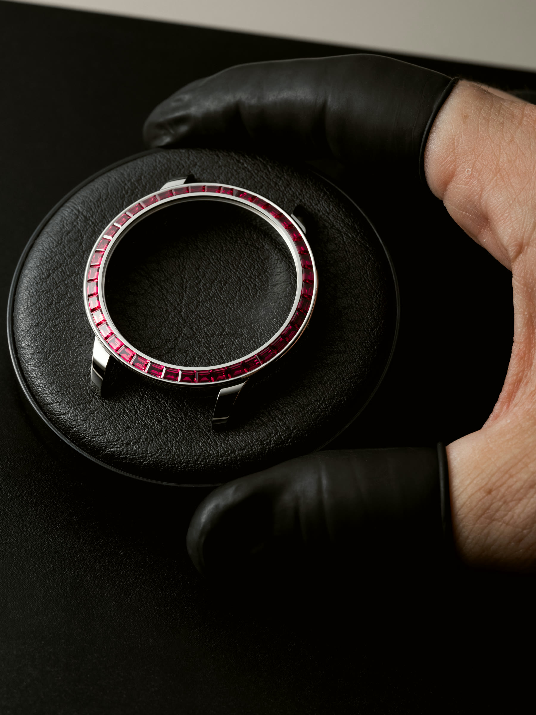 Ruby-set watch bezel held in a gloved hand