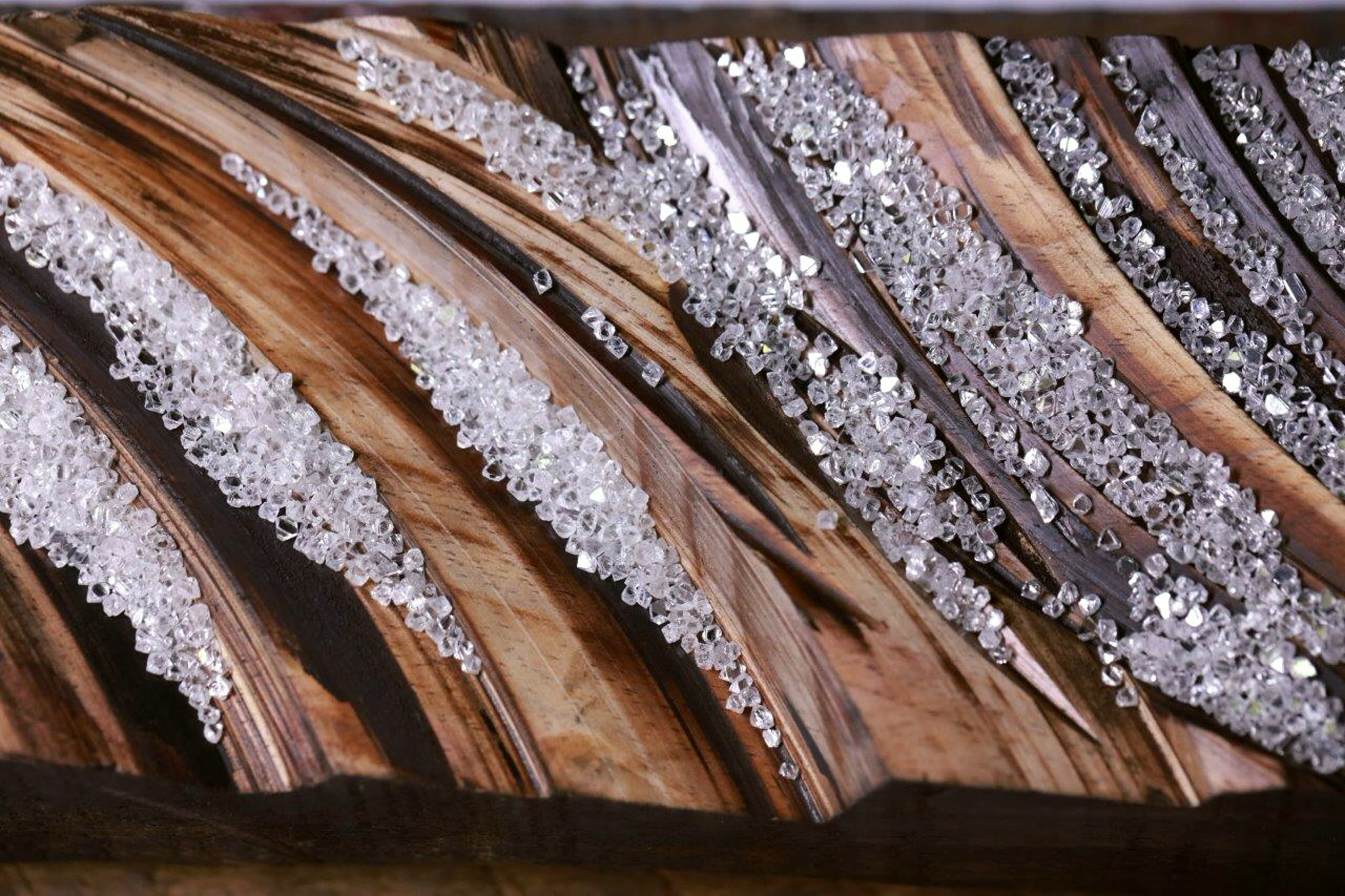 Rough diamonds laid out in rows on the sorting table