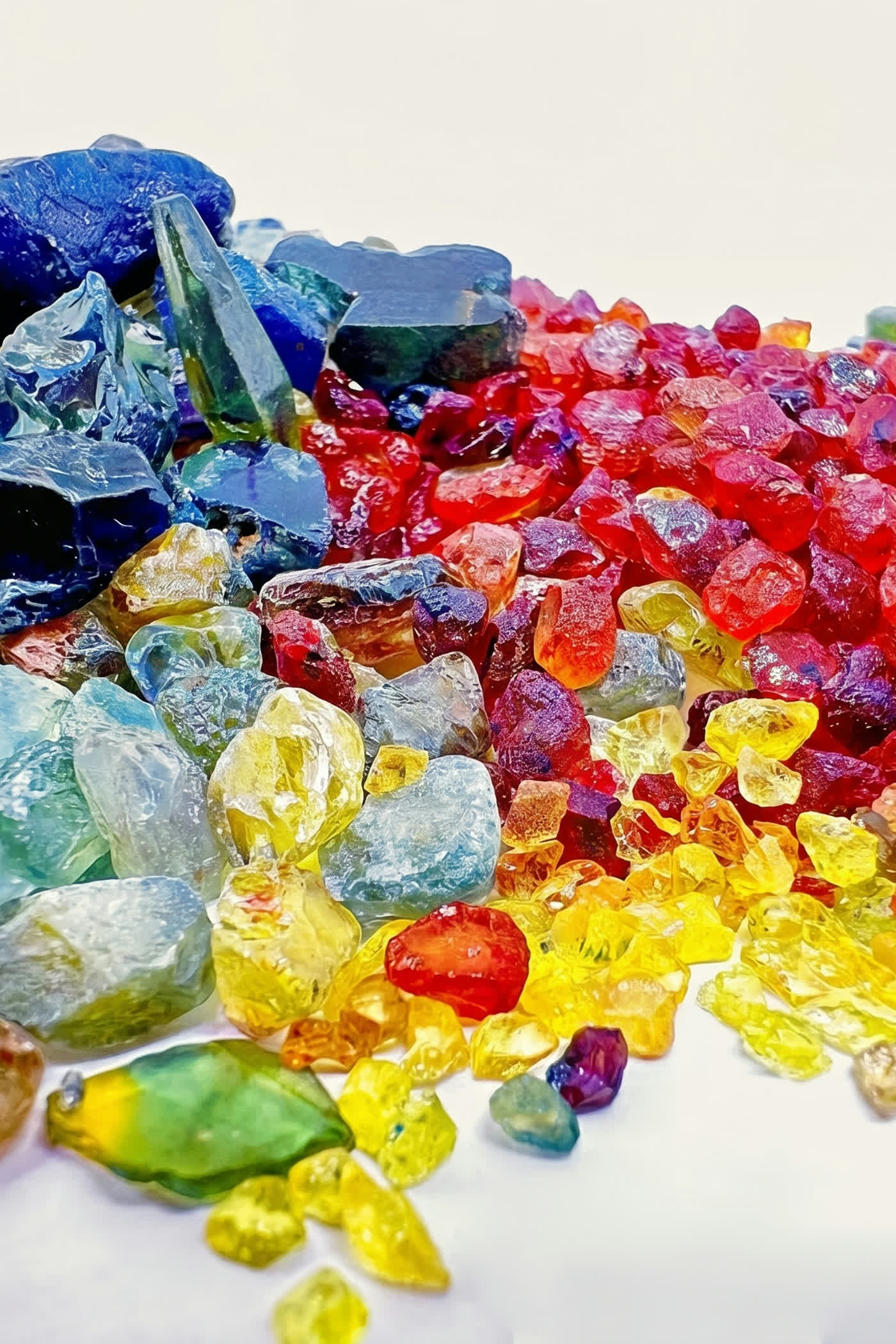 Rough colored stone crystals from worldwide mines: sapphire, ruby, emerald, garnet, citrine, peridot, amethyst, before they reach the Bangkok manufacturing floor