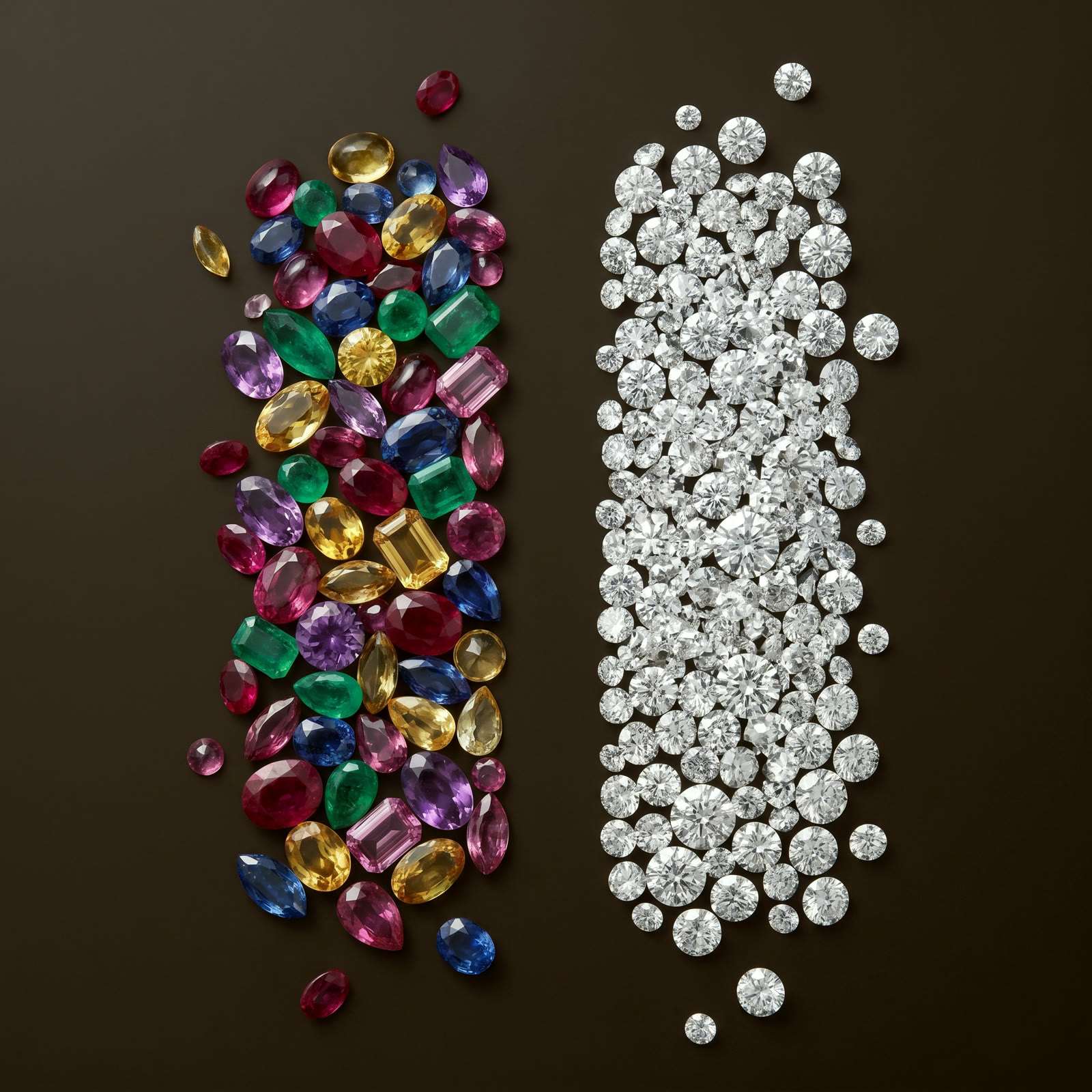 Vertical split composition: multi-color faceted gemstones on the left, polished diamonds on the right, on dark warm brown background