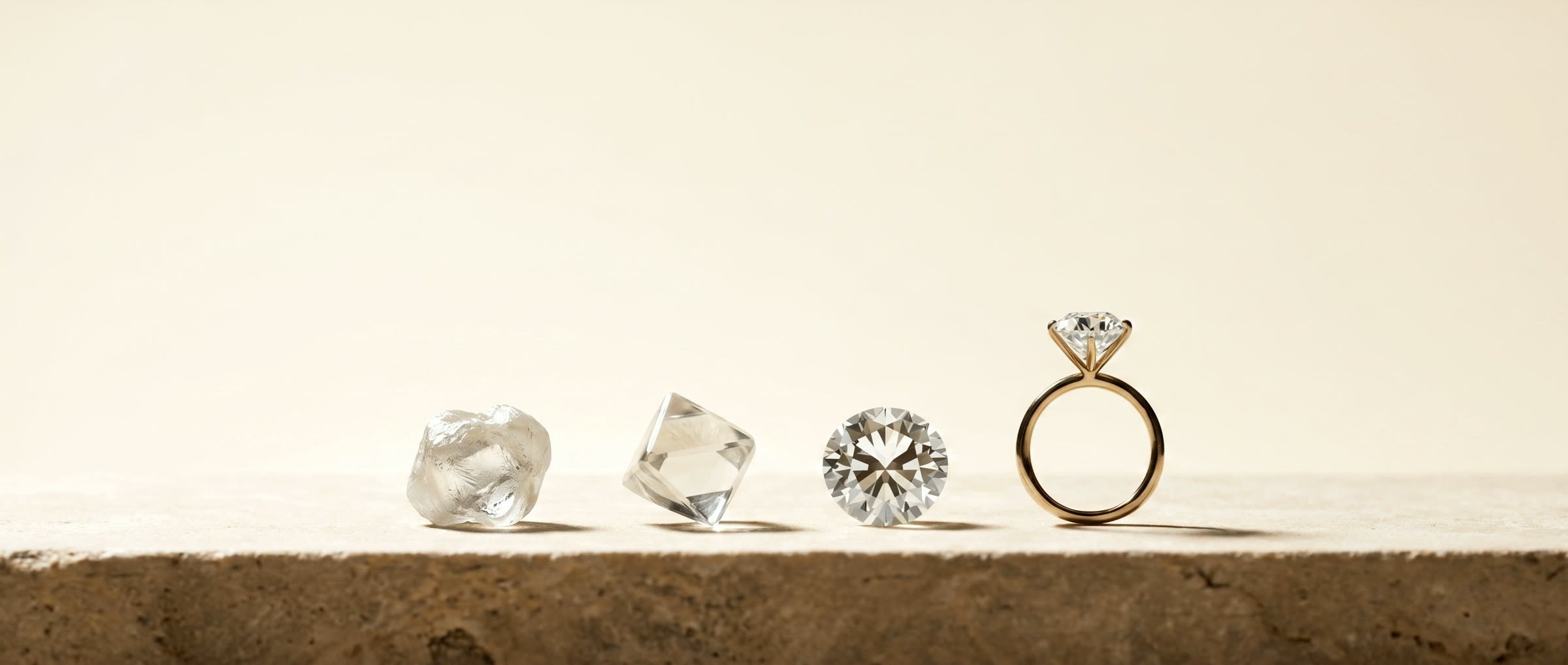 A stone's journey: rough, cut, polished, and set into a finished piece